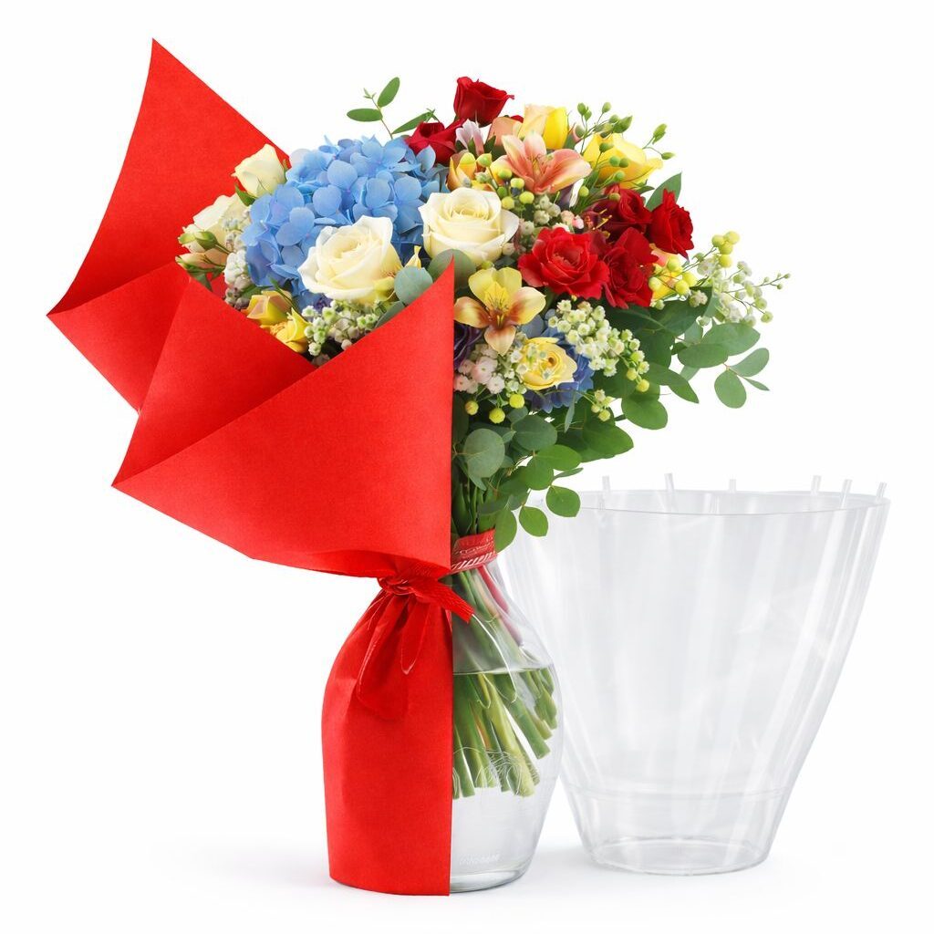 Aquabox na kvety 19,5 × 10,5 cm vedľa kytice vo váze